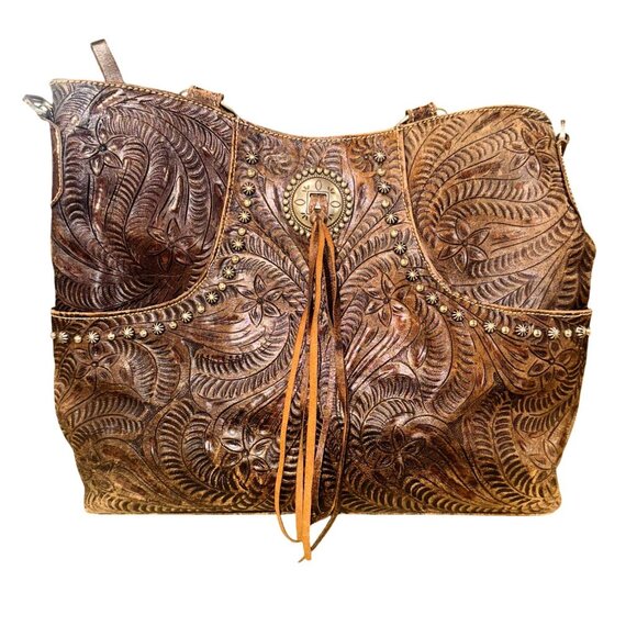 American West Tooled Embossed Brown Leather Bag Concho Accents Fringe Western - Picture 8 of 10